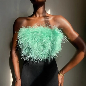 Fashionable mint green feather tube top for women with a fluffy and elegant texture