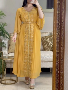 Women Elegant Moroccan Kaftan Evening Gown Embroidered Chiffon V Neck Maxi Dress With Sequins For Party Wedding Banquet Yellow