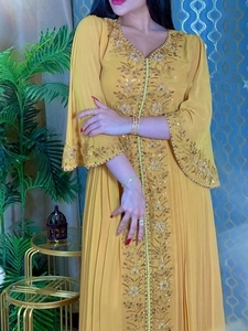 Elegant ginger yellow Kaftan dress with gold embroidery sequins and pleated chiffon details