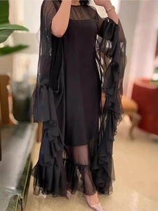 Elegant black layered tulle mesh abaya dress with ruffled sleeves for evening parties