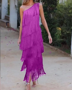 Detail of purple one-shoulder evening gown featuring multi-layered fringe tassels