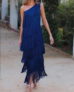 Detail shot of navy blue layered fringe tiers on one-shoulder evening maxi dress