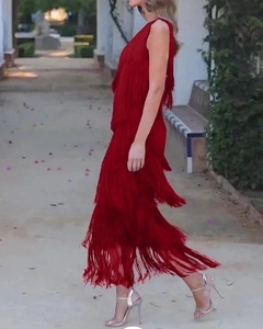 Dynamic side view of dark red multi-layer tassel evening dress with fringe detailing