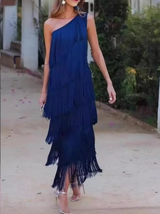 Women Elegant One Shoulder Fringe Tiered Evening Dress Asymmetric Sleeveless Midi Party Gown For Banquet Wedding Party