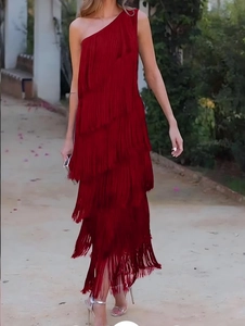 Elegant red one-shoulder fringe midi dress with tiered tassels for evening parties