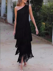 Elegant black one-shoulder fringe dress for women with asymmetric hem and tassel layers