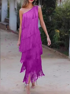 Elegant purple one-shoulder cocktail dress with layered fringe and asymmetric hemline