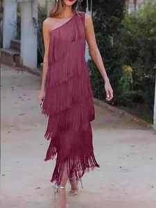 Elegant wine red one shoulder tiered tassel evening dress for formal parties and events