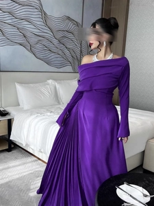 Dames Sexy Eén Schouder Geplooide Avondjurk Lange Mouwen Paars Formele Maxi Jurk Satin Look Bruiloft Gast Feestjurk