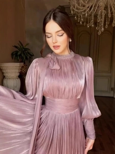 Elegant purple pleated satin long sleeve gown with pearl neckline and lantern sleeves