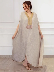 Robe Longue Caftan Bohème pour Femmes Col en V Brodé Manches Longues Gland en Poliestere Coupe Ample Style Ethnique