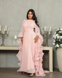 Detail of elegant ruffle sleeves and waist design on a pink tulle evening gown