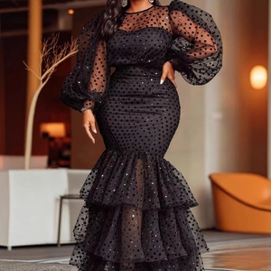 Elegant black polka dot sequin fishtail dress with sheer mesh lantern sleeves and ruffles