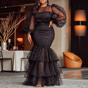Elegant black polka dot mesh dress with puff sleeves and mermaid fishtail hem