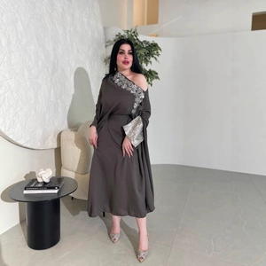Elegant charcoal grey long sleeve dress with silver floral sequin embroidery detail