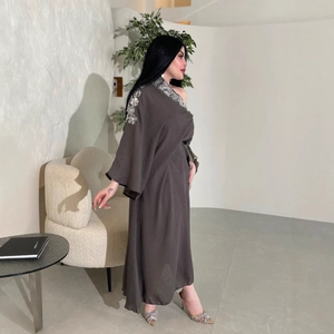 Elegant charcoal grey lace long dress with silver floral embroidery for formal evening events
