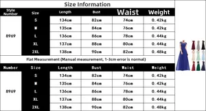 Größentabelle für Spitzenkleid Modell 8969 mit Maßen von S bis 2XL für Länge und Brust