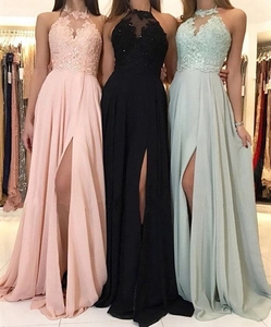 Detailed halter neck lace chiffon gowns in pink, black and blue with high leg slits