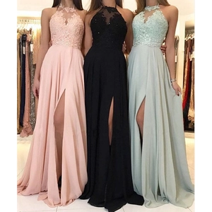 Women Halter Neck Lace Chiffon Maxi Dress Sleeveless High Waist V Neck Split Hem Sexy Elegant Evening Party Prom Banquet Gown Linen Polyester Blend Dress