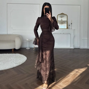 Elegant Floral Lace Bodycon Evening Dress Women Polyester High Neck Bell Sleeve Maxi Gown For Wedding Party Social Events