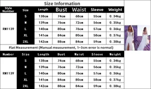 Tableau des tailles pour robe de mariée en dentelle avec mesures de S à 2XL incluses