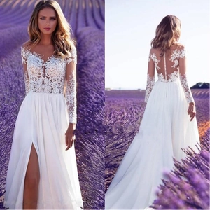 Robe de Mariée Femme Blanche Dentelle Manches Longues Dos Nu Sexy Fente Haute Broderie Florale Col V Profond Robe Longue Demoiselle Honneur
