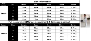 Detailed size chart for white lace off-shoulder long dress with sleeve length and bust info