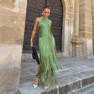 Sage green halter neck fringe maxi dress for elegant evening parties and summer events