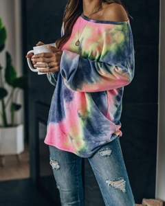 Women's waffle knit tie-dye long sleeve lounge top with stylish off-shoulder neckline
