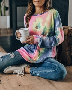 Women's waffle knit tie-dye long sleeve lounge top featuring vibrant pastel multi-colors