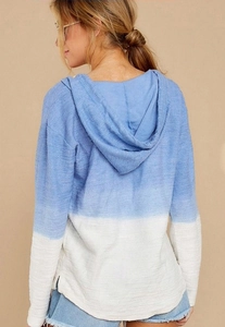 Detailed back view of a blue ombré hooded lounge top featuring waffle knit texture and soft fabric
