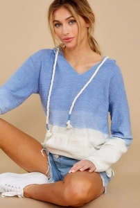 Relaxed long-sleeve knit hoodie with V-neck and color-block design for daily casual wear