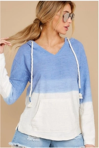 Women's blue and white gradient knit hoodie with drawstring and drop shoulder style