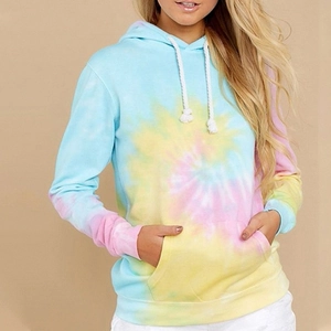 Detail of macaron tie-dye hoodie with white thick drawstring and kangaroo pocket