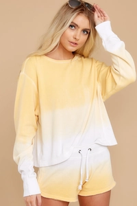 Women's two-piece yellow and white tie-dye casual set with long sleeve hoodie and shorts