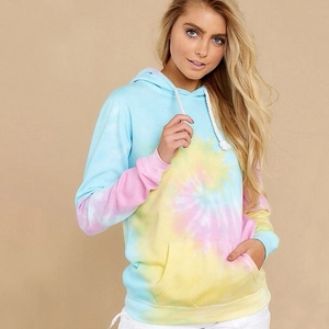 Detail of macaron tie-dye hoodie featuring a kangaroo pocket and white drawstring