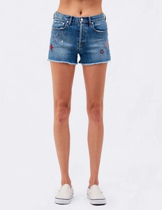 Damen Denim-Shorts mit hoher Taille, bunten Sternstickereien und Fransen am Saum