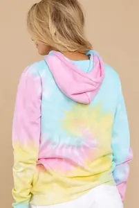 Back view of colorful spiral tie-dye hoodie with pink, blue and yellow hues in standard fit