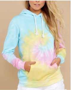 Women's casual tie-dye hoodie featuring pastel swirls, drawstring hood and kangaroo pocket