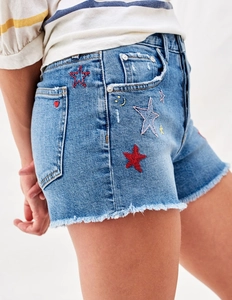 Damen Denim-Shorts mit hoher Taille, Stern-Stickerei und ausgefranstem Saum