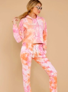 Women's pink and orange tie-dye two-piece loungewear set with hoodie and joggers