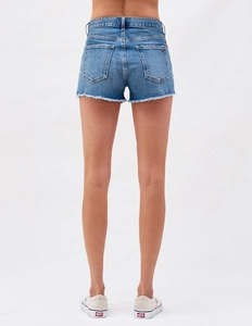 Damen High Waist Denim Shorts in Blau mit Fransensaum und Gesäßtaschen-Detail
