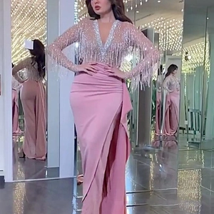 Robe Maxi Femme Sexy Col en V Paillettes Franges Élégante Color Block Fente Haute Manches Longues Rose Argent Soirée Fête Mariage