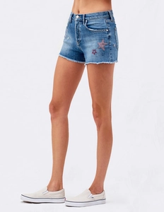 High-Waist Damen Jeans-Shorts mit Sternen-Stickerei und modischem Fransensaum-Detail