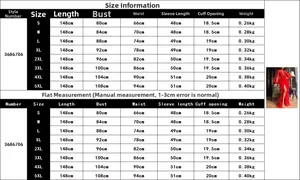 Detailed size chart for the sexy mesh long sleeve party dress with V-neck and high slit