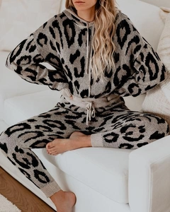 Set loungewear da donna con stampa leopardata composto da felpa con cappuccio e pantaloni