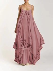 Robe longue bohème vieux rose pour femme avec imprimé floral et fines bretelles à volants