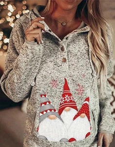 Detail of grey Christmas hoodie featuring three gnomes and wooden buttons on the neckline
