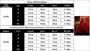 Size chart for off-shoulder sequin evening gown with detailed body measurements