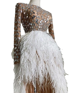 Elegante abito a maniche lunghe con paillettes d'argento e gonna in piume bianche